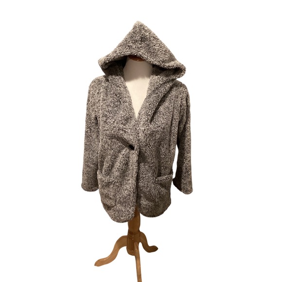 Brandy Melville Tops - Brandy Melville Gray Speckled Plush Fleece Hooded Cardigan Jacket Women's